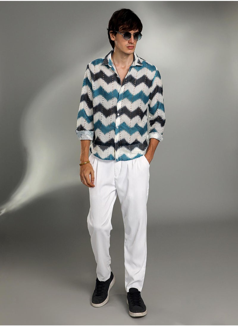 Campus Sutra - Men's Electric Blue & Powder White Chevron-Block Knit Shirt - Image 1