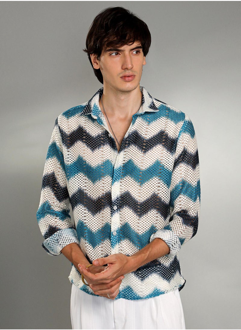Campus Sutra - Men's Electric Blue & Powder White Chevron-Block Knit Shirt - Image 1