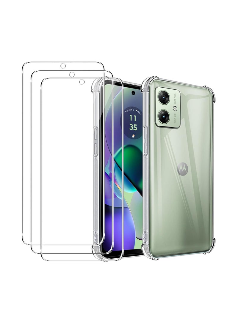 عام غلاف واقي شفاف مناسب لهاتف Motorola Moto G54 5G، مع 3 قطع من زجاج الحماية المقوى، غلاف هاتف فائق الرقة من مادة TPU المرن مع حماية هوائية في الزوايا، مقاوم للسقوط والخدوش والصدمات بتصميم بلوري شفاف - Image 1