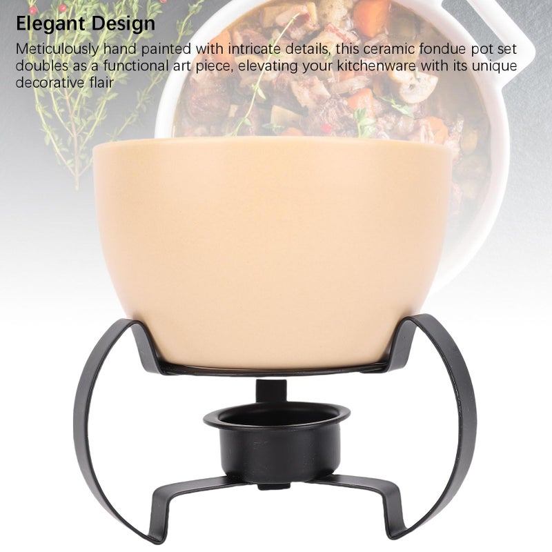 Orange Ceramic Cheese Fondue Pot Set With Hand Painted Art And Metal Stand - Image 4