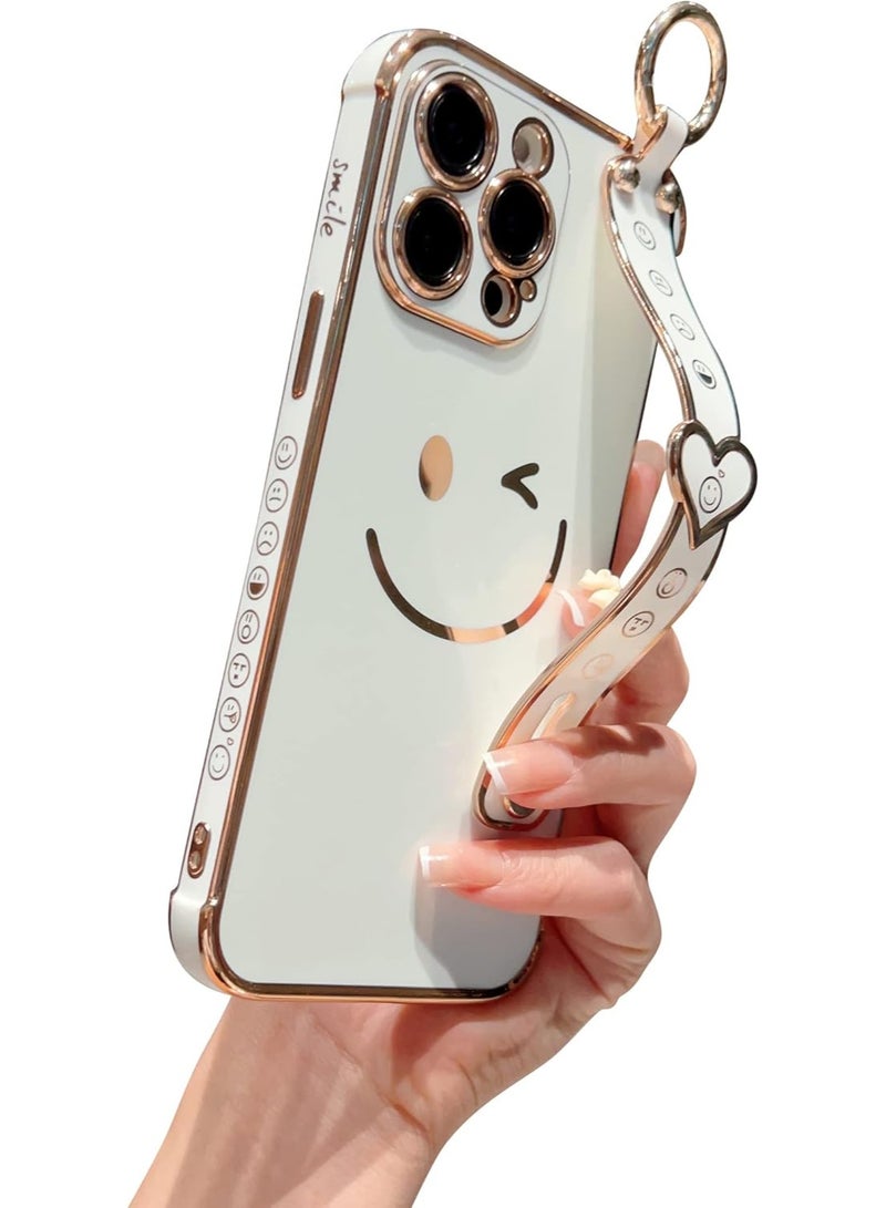 Q TRIPLE A Luxury & Beautiful Case for iPhone 13 Pro Max | Super Girly Design | Electroplated Smiley & Emoji | Protective & Soft Cover | with Adjustable Finger Strap & Kickstand | Anti-Fall Fashion Case for Women & Girls | Special or Party & Events | Color (White) - Image 1