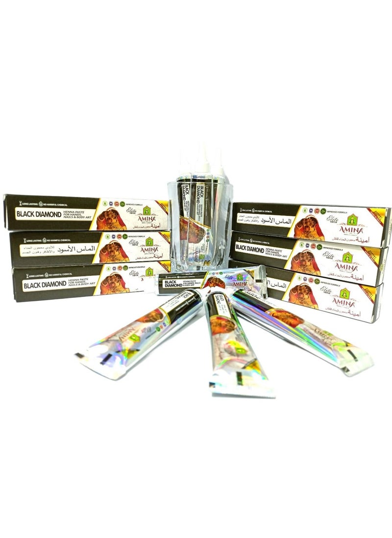 Amina Organic Henna Instant Tattoo Henna Mehendi Tube cone Nail Henna Tube  Black 12 Pieces X 30 gm  - Image 3