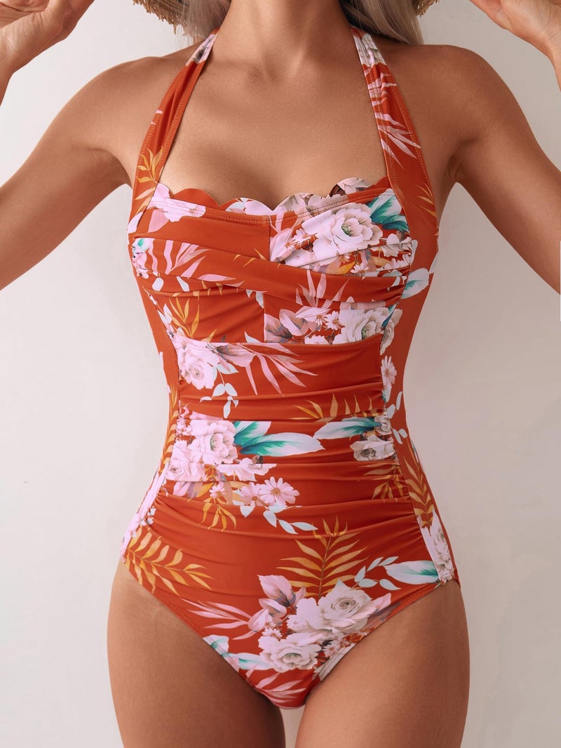Eomenie Women One Piece Tummy Control Swimsuit Halter Scallop Trim Bathing Suits 1 Piece Vintage Ruched Slimming Swimwear - Image 3