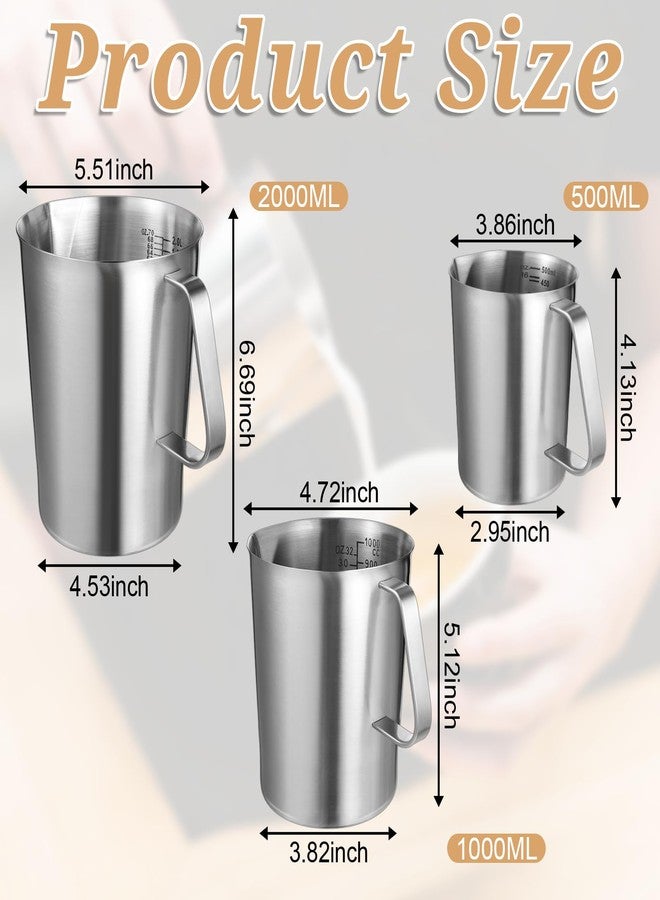Exclaith 3 Pieces Stainless Steel Measuring Cups Metal Pitcher with Oz and ML marking Measuring Cup with Handle and Pour Lip, 16 Ounce (2 Cups), 32 Ounces (4 Cup), 64 Ounces (8 Cup) - Image 2