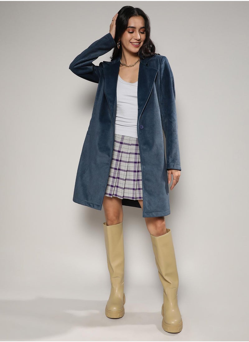 Campus Sutra - Women's Navy Blue Single-Breasted Straight Long Coat - Image 1