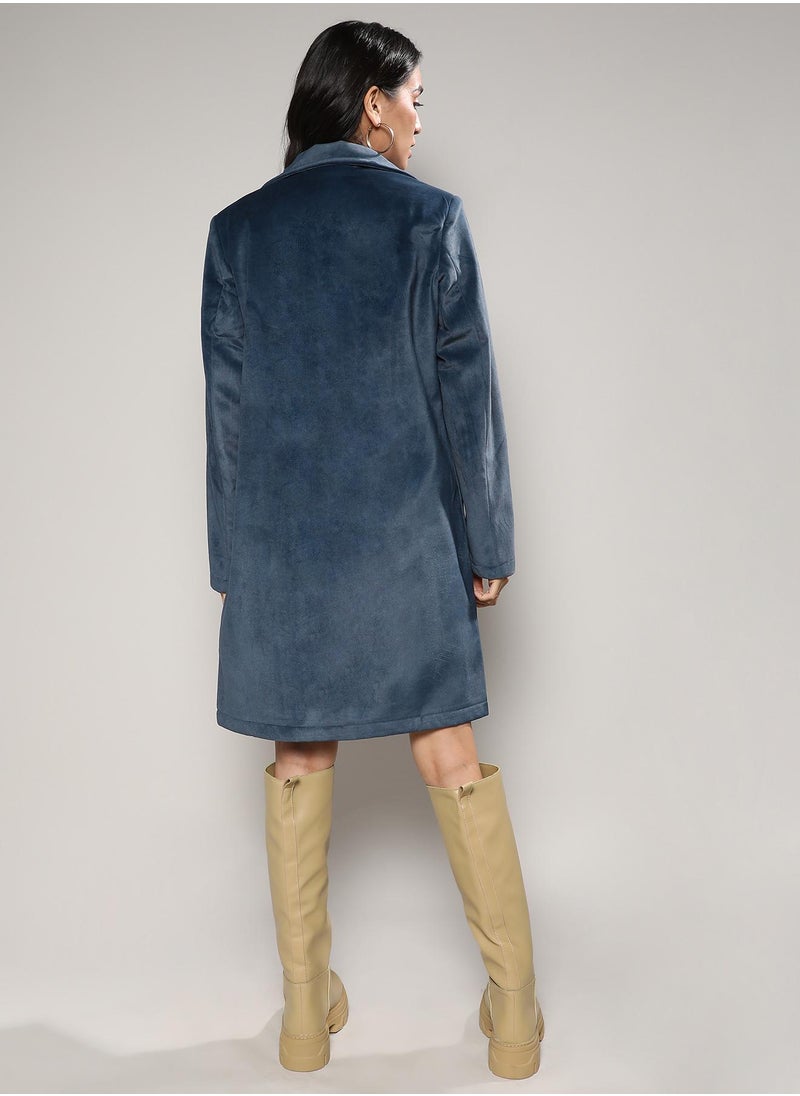 Campus Sutra - Women's Navy Blue Single-Breasted Straight Long Coat - Image 1