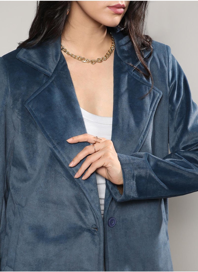 Campus Sutra - Women's Navy Blue Single-Breasted Straight Long Coat - Image 1