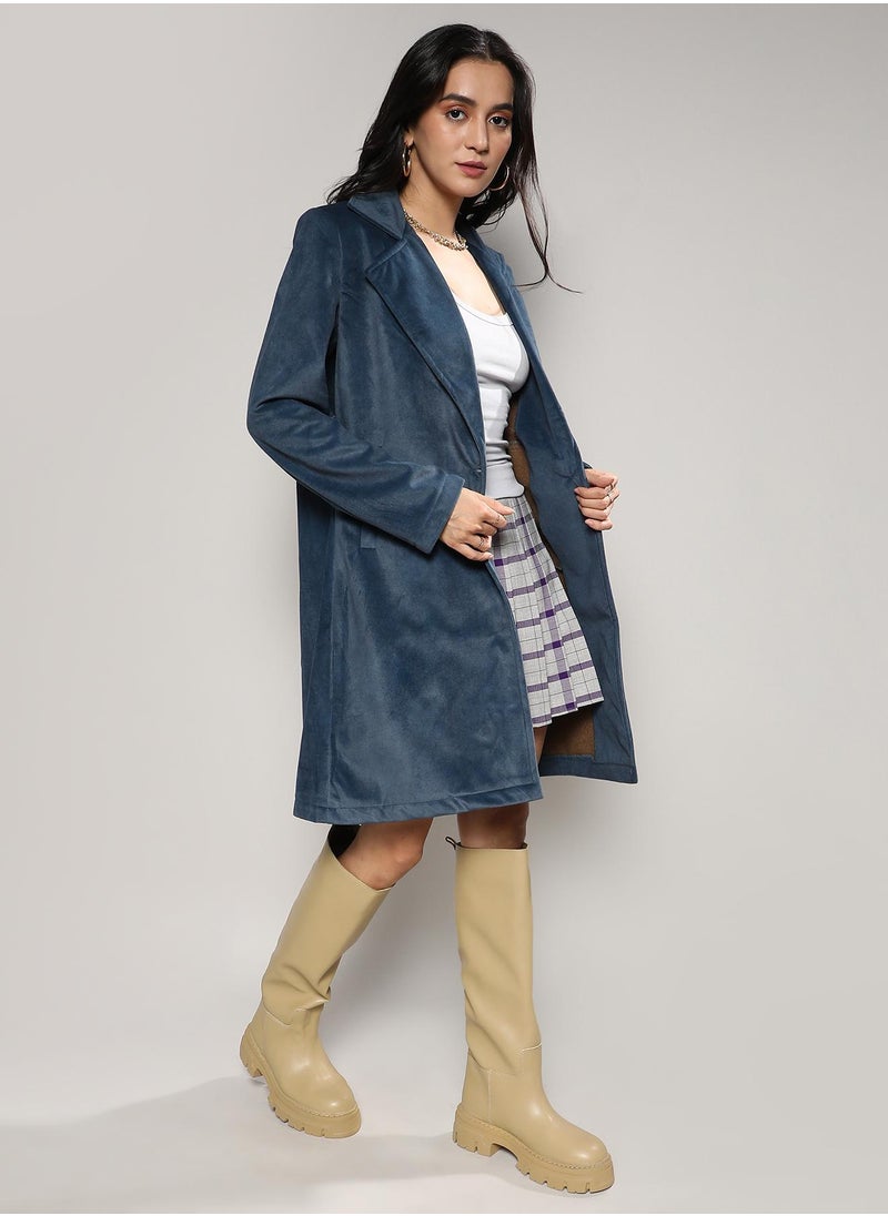 Campus Sutra - Women's Navy Blue Single-Breasted Straight Long Coat - Image 1