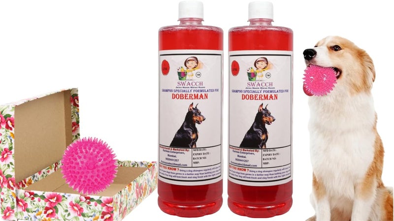 swacch Shampoo | Puppy Safe Shampoo | PH Balanced | Ditch to Itch for Doberman Dog Shampoo 2 Litre (Strawberry) + Spike Ball Chew Toy Combo Pack - Image 1