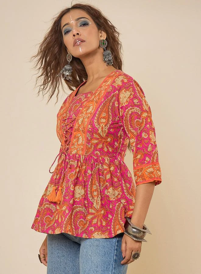 WineRed Women Cotton Pink Printed Bodered Peplum Top