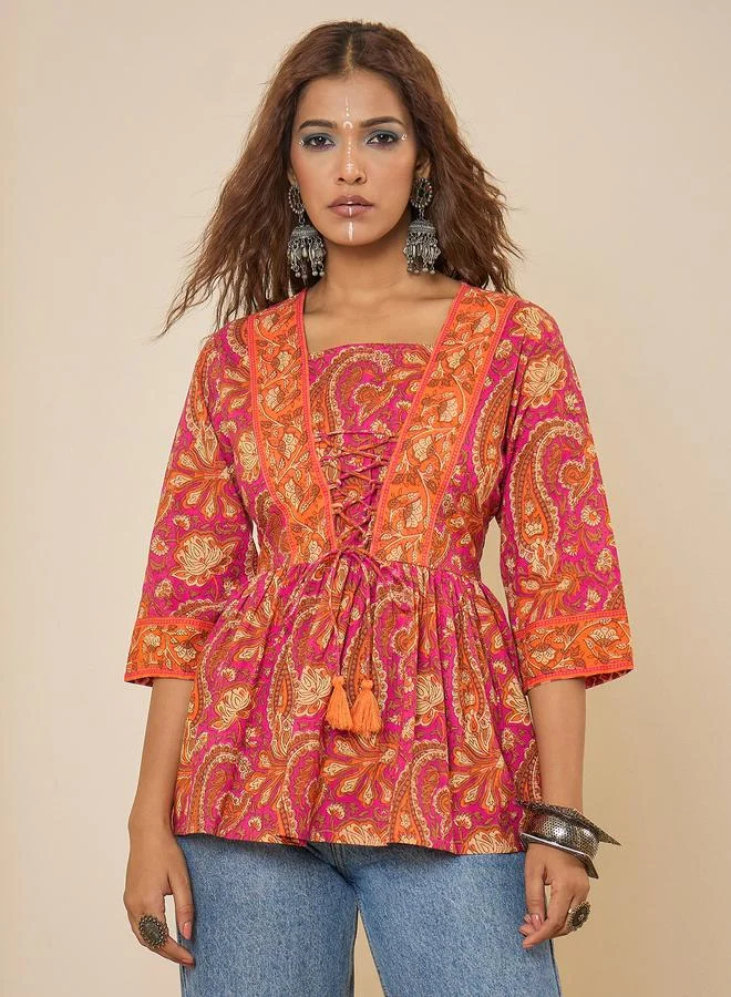 WineRed Women Cotton Pink Printed Bodered Peplum Top