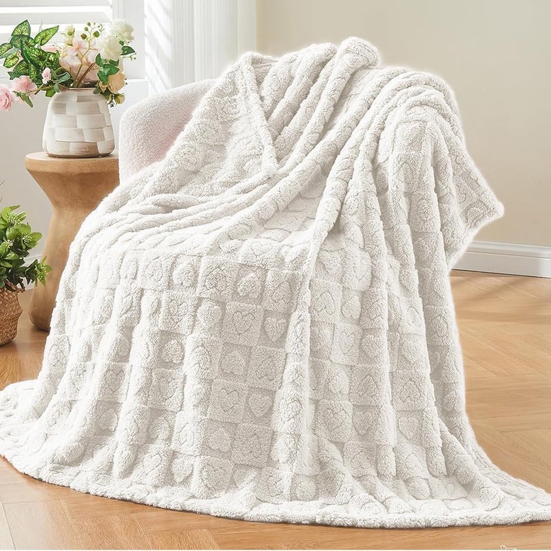 Wajade Fleece Throw Blanket, Fluffy Faux Fur Blanket for Bed Sofa Couch, Soft Cosy Warm Thick Blanket,Love White 127x178 - Image 1