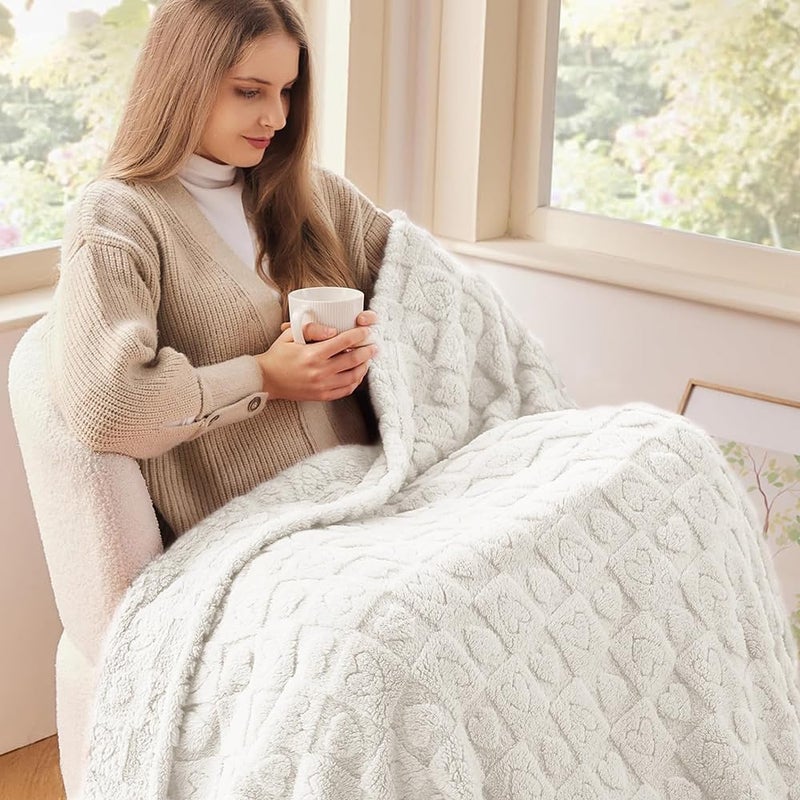 Wajade Fleece Throw Blanket, Fluffy Faux Fur Blanket for Bed Sofa Couch, Soft Cosy Warm Thick Blanket,Love White 127x178 - Image 2