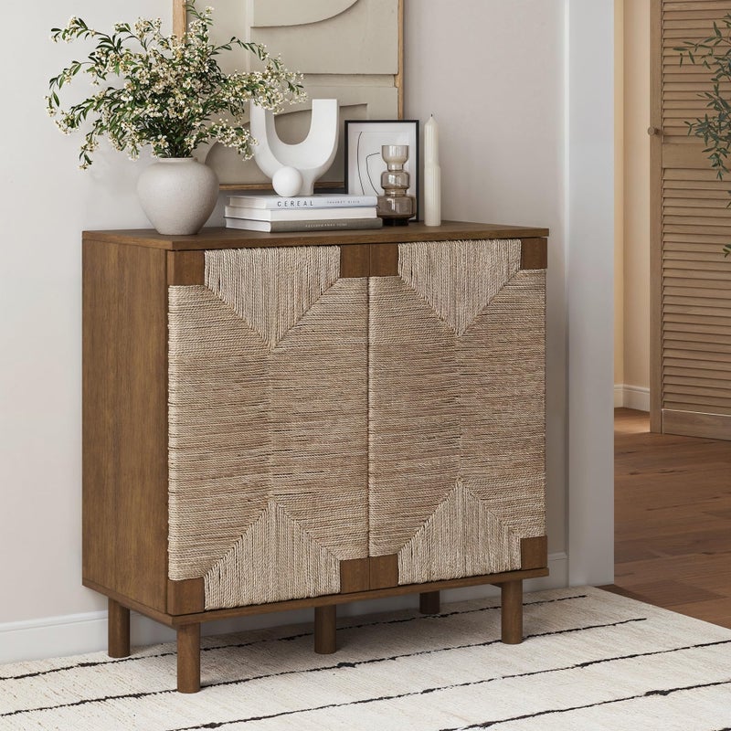 Nathan James Beacon Boho Accent Cabinet with Doors Free Standing Kitchen Cabinet Storage with Adjustable Interior Shelf and Seagrass Accent Dark Brown