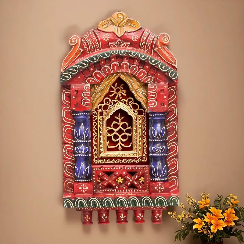 Medieval Arts Mina Solid Wood Hand Painted Wall Hanging Jharokha Frame Red 16 inches Rectangular Unframed
