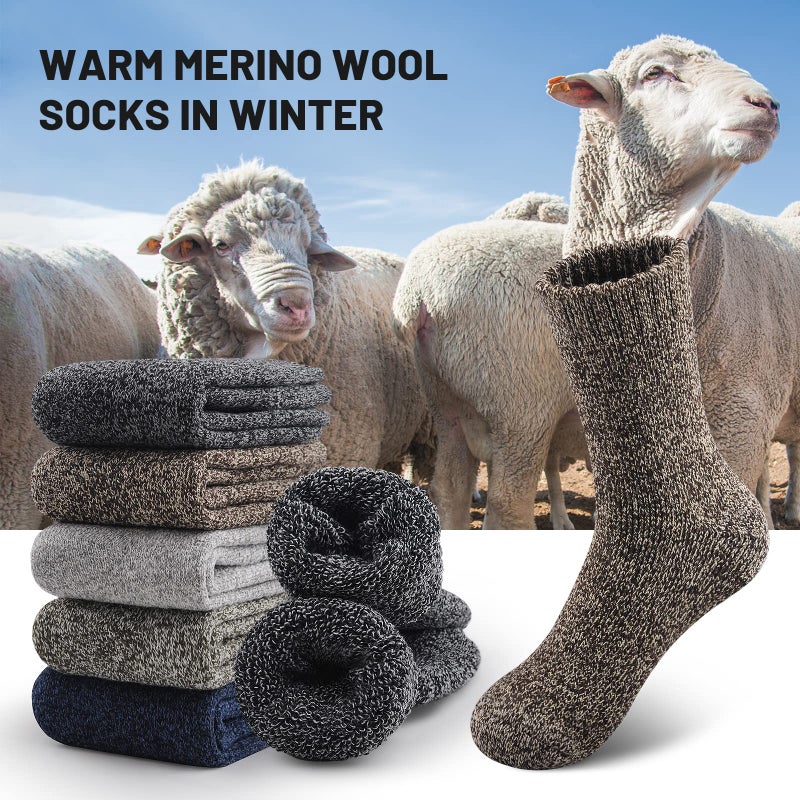 SIMIYA 5 Pairs Merino Wool Socks for Men, Thick Winter Wool Hiking Socks, Warm Breathable Crew Mens Socks - Image 3