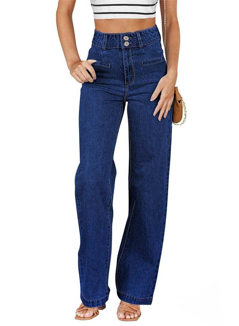 Sidefeel Women's Wide Leg Jeans High Waisted Straight Leg Stretchy Zimbaplatinum Trendy Loose Denim Pants Navy Blue Size 10 - Image 1
