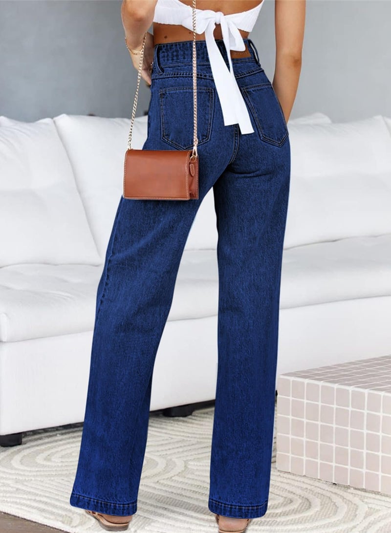 Sidefeel Women's Wide Leg Jeans High Waisted Straight Leg Stretchy Zimbaplatinum Trendy Loose Denim Pants Navy Blue Size 10 - Image 2
