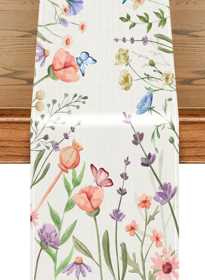 Hedeey Spring Table Runner 72 Inches Long, Flower & Butterfly Table Runner, Washable Wildflower Floral Spring Runner for Dining Table Decorations Home (Flower) - Image 1