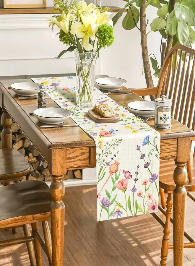 Hedeey Spring Table Runner 72 Inches Long, Flower & Butterfly Table Runner, Washable Wildflower Floral Spring Runner for Dining Table Decorations Home (Flower) - Image 2