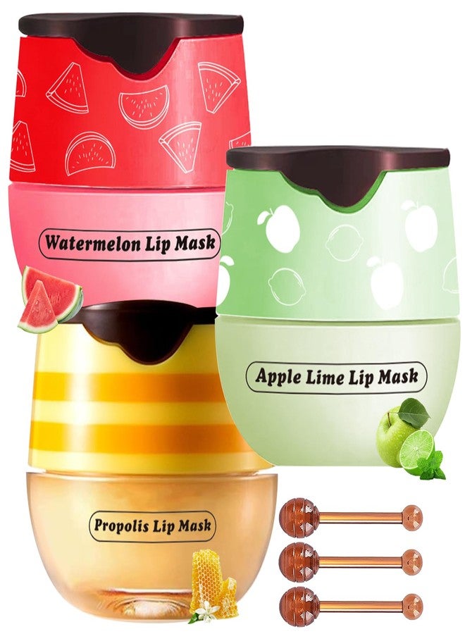 Qawnfy 3 PCS Lip Balm Honey Pot, Honey & Apple Lime & Watermelem Lip Mask Vitamin E & Moisturizing Propolis Sleeping Lip Mask Prevention Dry and Cracked Lip Scrubs Exfoliator, Christmas Gifts - Image 1