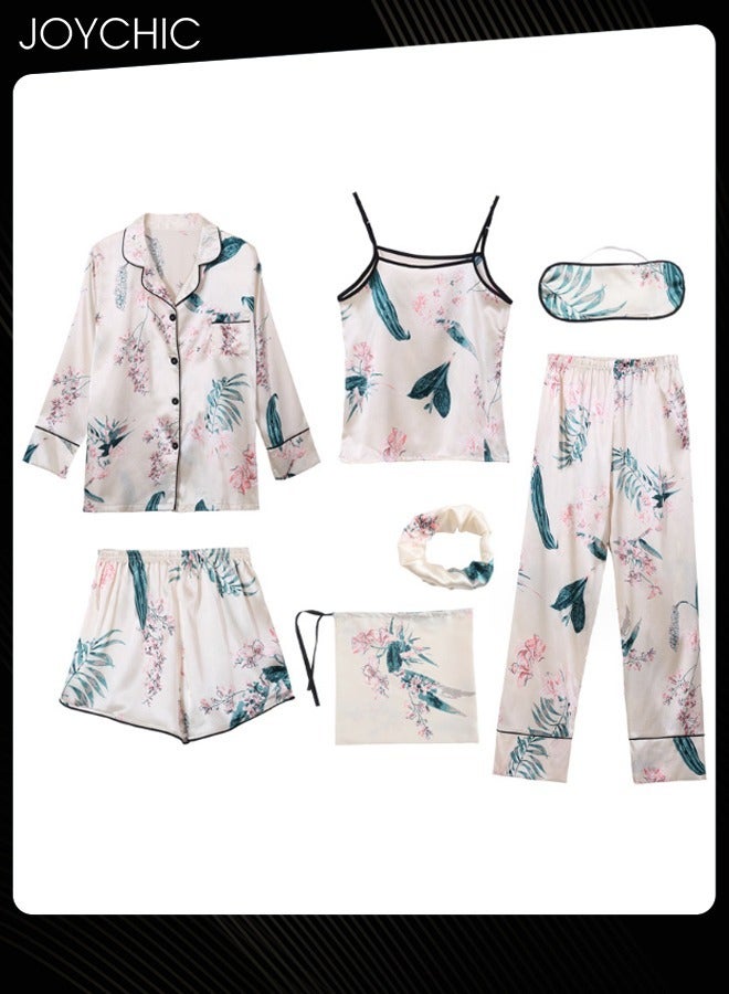 Joychic 7-piece Women Pajamas Set for All Seasons Long-sleeved Ice Silk Skin-friendly and Comfortable Bedroom Nightgown - Image 1