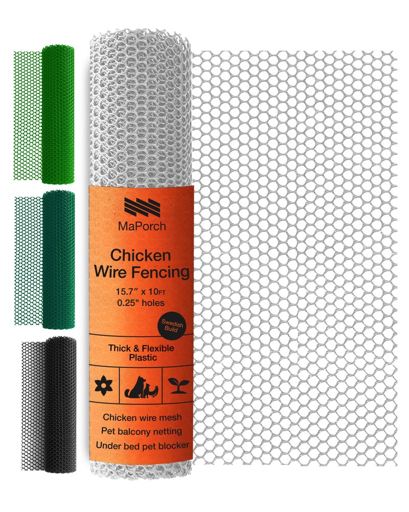MaPorch Plastic Chicken Wire Mesh Fence - White Mesh, 15.7 in x 10 ft - Quick-Install Chicken Wire Fencing - Plant Protectors from Animals - Weather Resistant Garden Netting - Pet & Poultry Netting - Image 1