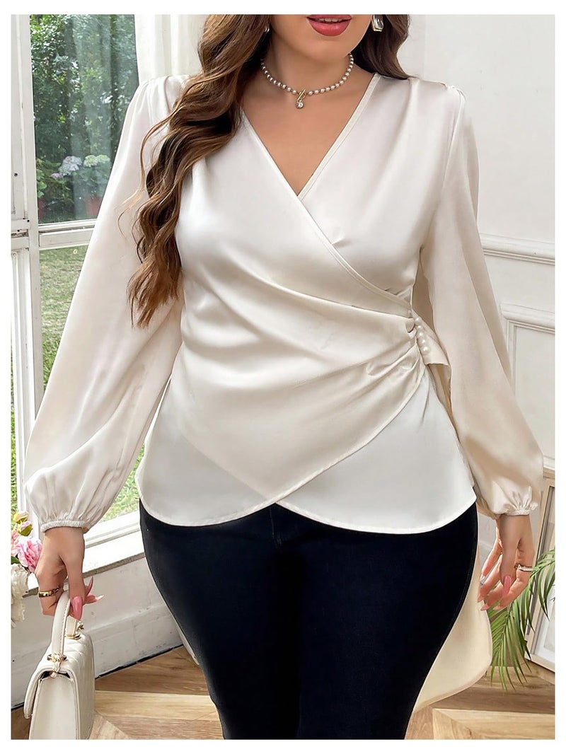 Floerns Women's Plus Size Satin Asymmetrical Wrap Tops Ruched V Neck Long Sleeve Blouses Apricot XX-Large Plus - Image 5