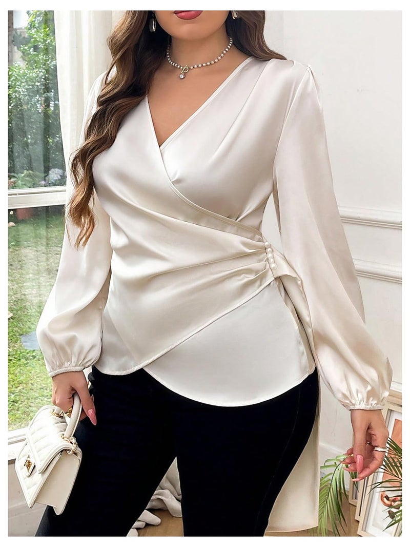 Floerns Women's Plus Size Satin Asymmetrical Wrap Tops Ruched V Neck Long Sleeve Blouses Apricot XX-Large Plus - Image 2