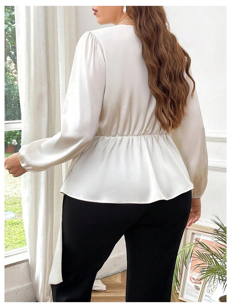 Floerns Women's Plus Size Satin Asymmetrical Wrap Tops Ruched V Neck Long Sleeve Blouses Apricot XX-Large Plus - Image 3