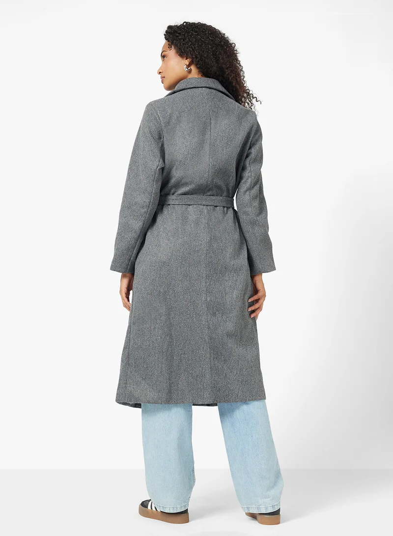 Ginger Woolen Longline Trench Coat with Belt