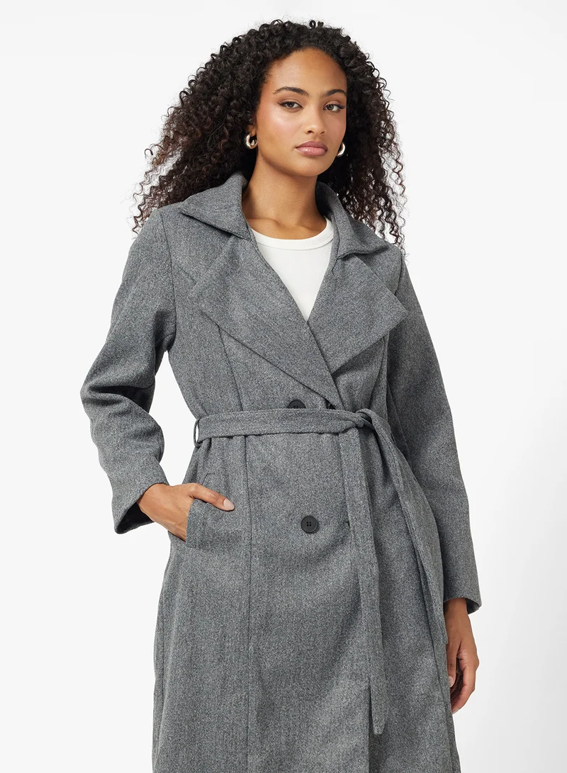 Ginger Woolen Longline Trench Coat with Belt