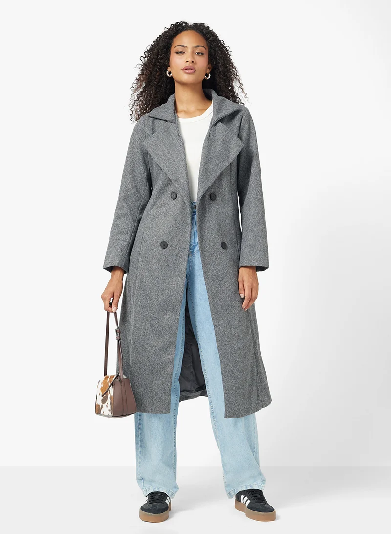 Ginger Woolen Longline Trench Coat with Belt