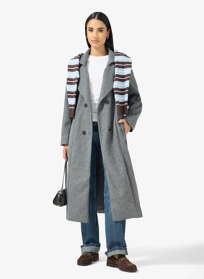 Ginger Woolen Longline Trench Coat with Belt - Image 4