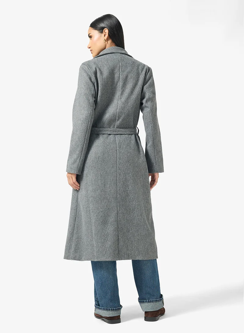 Ginger Woolen Longline Trench Coat with Belt