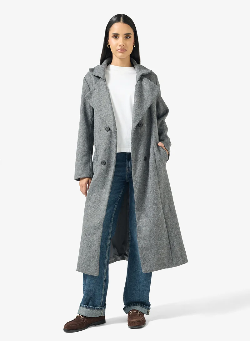 Ginger Woolen Longline Trench Coat with Belt