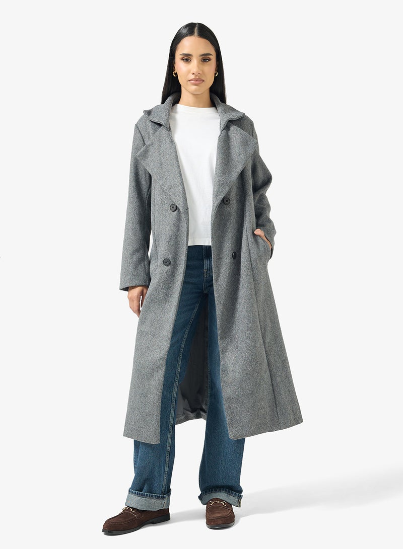 Ginger Woolen Longline Trench Coat with Belt - Image 1