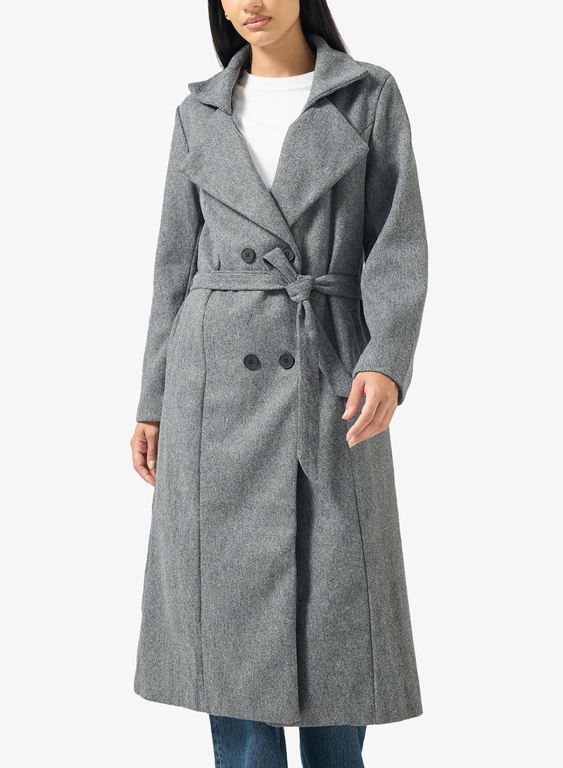 Ginger Woolen Longline Trench Coat with Belt - Image 3