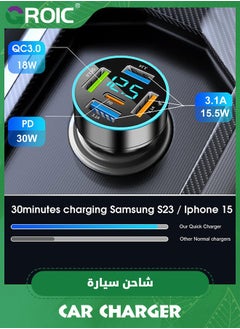 GROIC 66W Car Charger Adapter 5 Port USB Car Charger PD 30W QC3.0 3.1A Car Cigarette Lighter USB Charger with LED Voltmeter Fast Car Charger Compatible with iPhone iPad Samsung  - Image 4