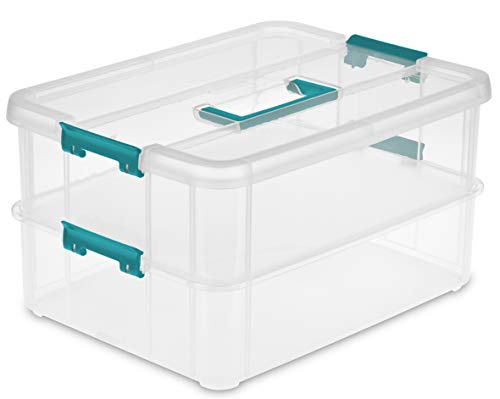 Sterilite 1427CLR Stack & Carry - 2 Layer Box, Clear Lid & Blue Handle, See-through layers - Image 1