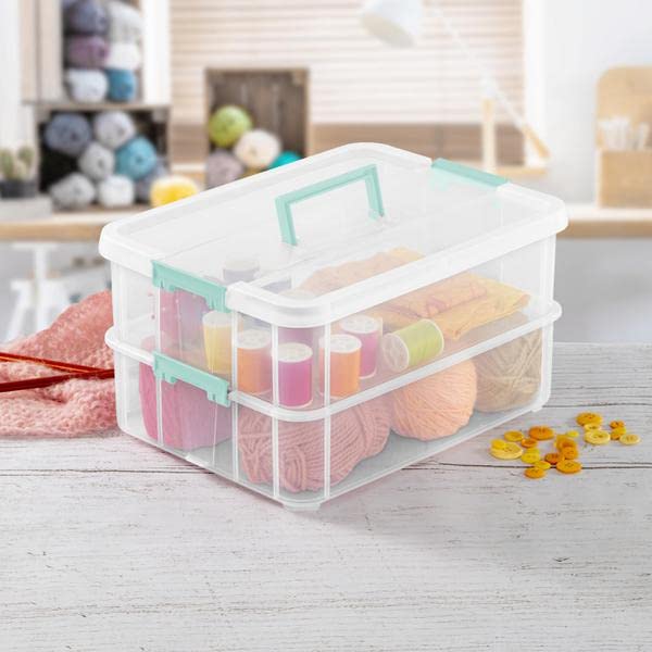 Sterilite 1427CLR Stack & Carry - 2 Layer Box, Clear Lid & Blue Handle, See-through layers - Image 4