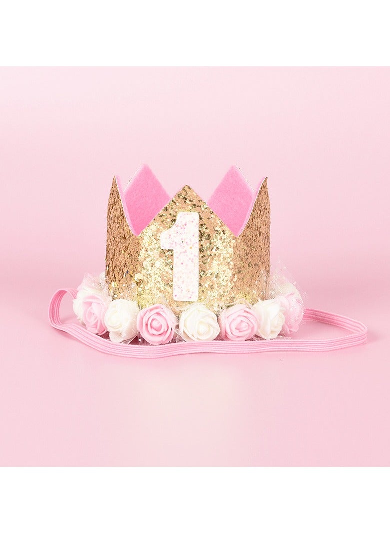 Kbrand Hat First Birthday 1st For Baby Girl Decoration Gifts Rose Gold Baby Pink Party Crown One Year Old Flowers Princess Pink 3inch - Image 1