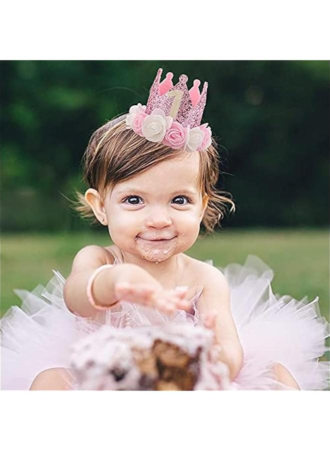 Kbrand Hat First Birthday 1st For Baby Girl Decoration Gifts Rose Gold Baby Pink Party Crown One Year Old Flowers Princess Pink 3inch - Image 4