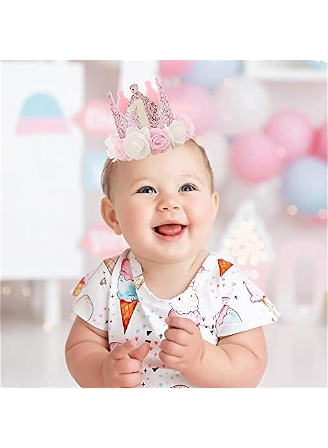 Kbrand Hat First Birthday 1st For Baby Girl Decoration Gifts Rose Gold Baby Pink Party Crown One Year Old Flowers Princess Pink 3inch - Image 5