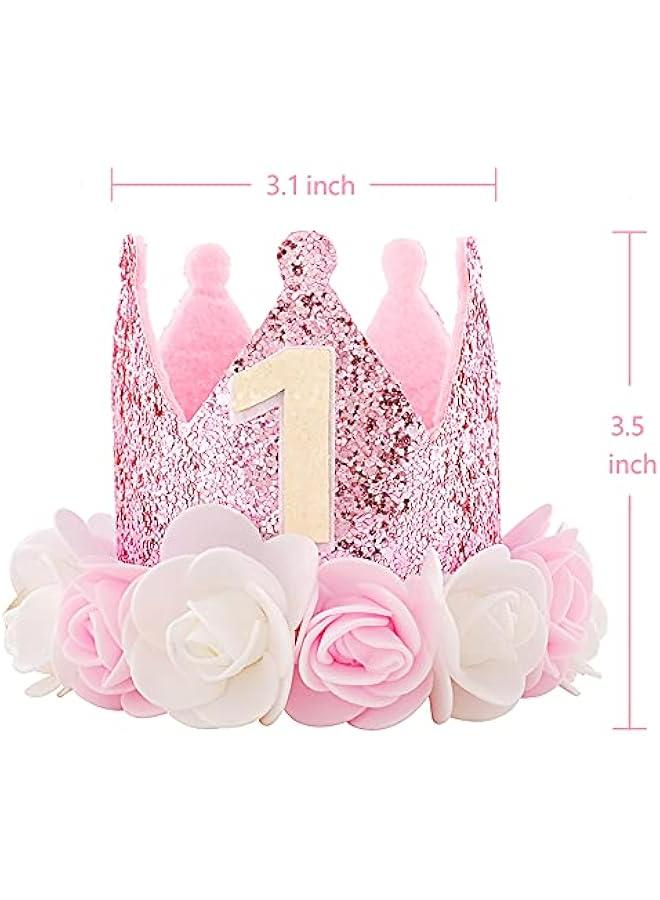 Kbrand Hat First Birthday 1st For Baby Girl Decoration Gifts Rose Gold Baby Pink Party Crown One Year Old Flowers Princess Pink 3inch - Image 3