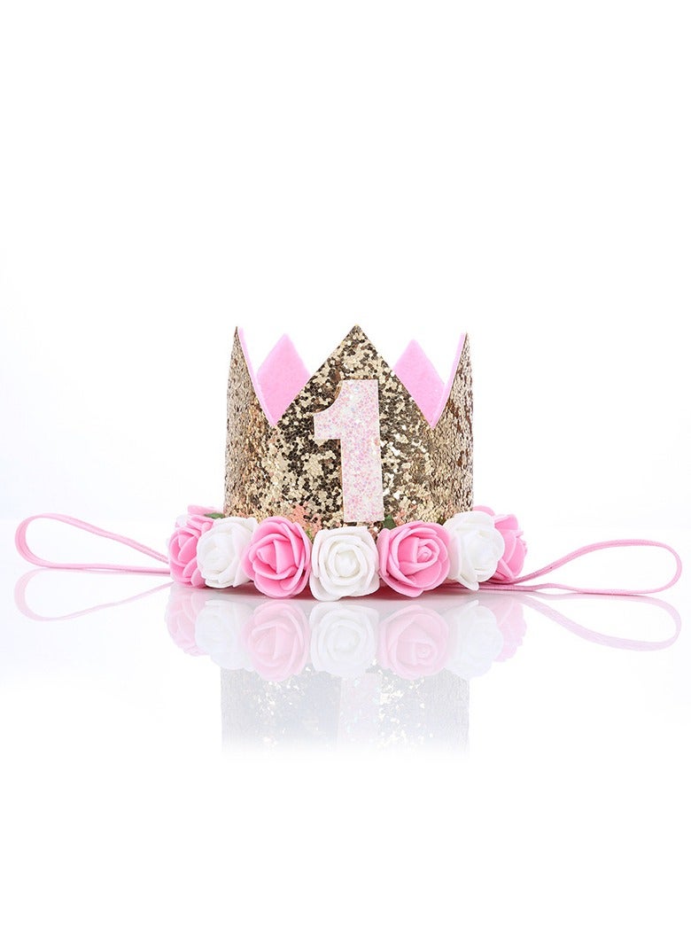 Kbrand Hat First Birthday 1st For Baby Girl Decoration Gifts Rose Gold Baby Pink Party Crown One Year Old Flowers Princess Pink 3inch - Image 2