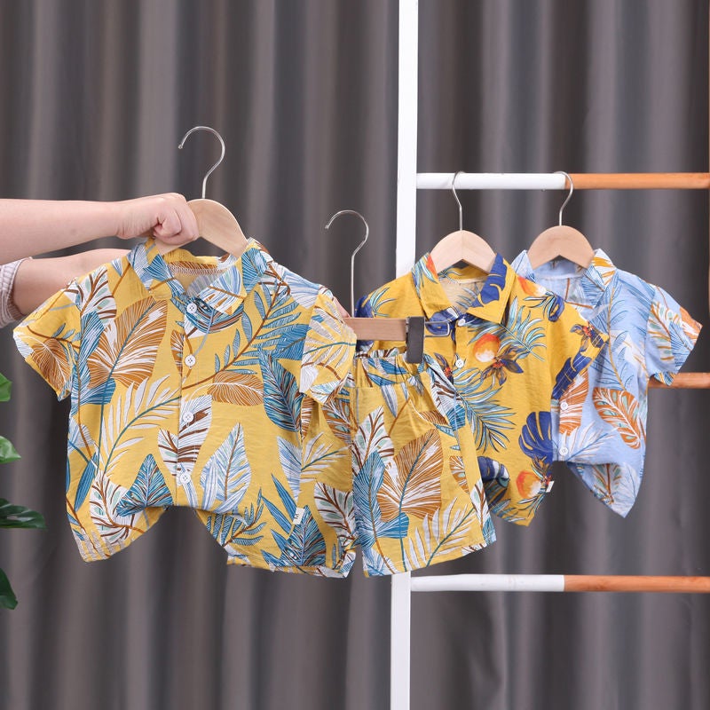 Boys Short-sleeved Floral Shirt Childrens Summer Beach Shirt and Shorts Two-piece 2024 New Fashionable Baby Clothes 6-Blue - Image 4