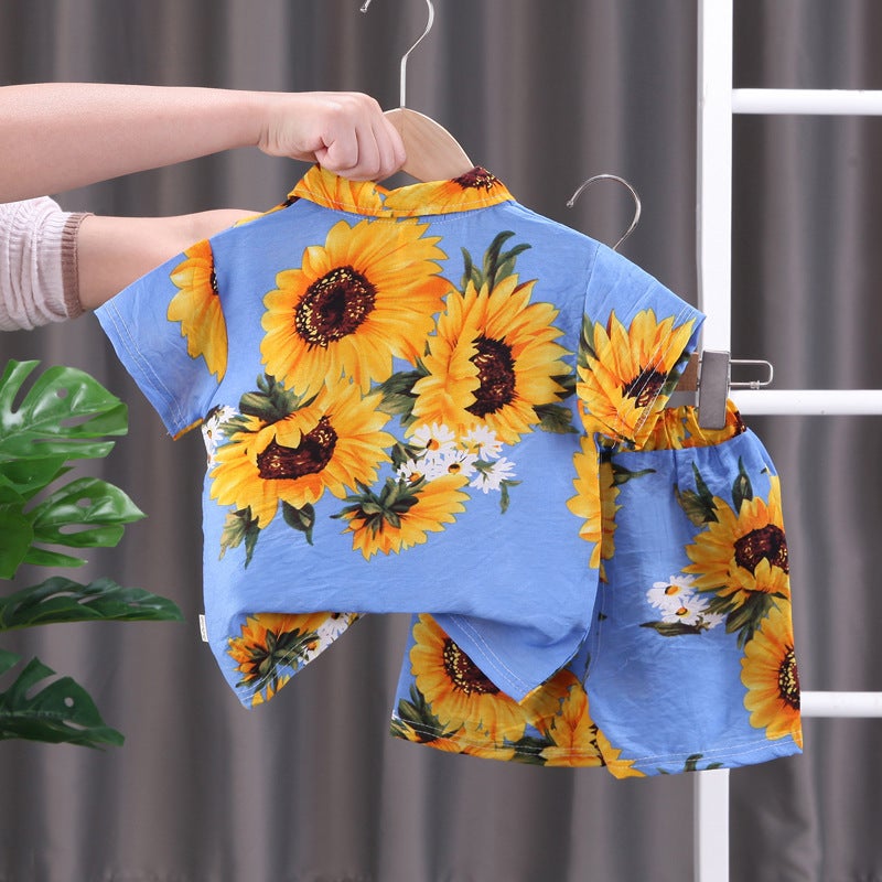 Boys Short-sleeved Floral Shirt Childrens Summer Beach Shirt and Shorts Two-piece 2024 New Fashionable Baby Clothes 6-Blue - Image 5