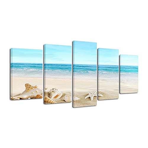 Pyradecor Seashell 5 panels Seascape Canvas Prints Landscape Pictures Paintings Modern Stretched Canvas Wall Art Sea Beach Pictures Artwork for Home Decor - Image 1