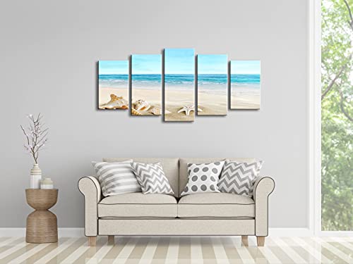Pyradecor Seashell 5 panels Seascape Canvas Prints Landscape Pictures Paintings Modern Stretched Canvas Wall Art Sea Beach Pictures Artwork for Home Decor - Image 3